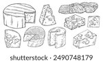 Cheese set. Ink sketch isolated on white background. Hand drawn vector illustration. Vintage style stroke drawing. Vector illustration