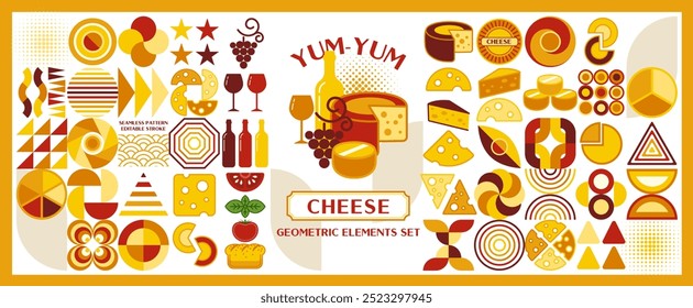 Cheese set with logo, design elements in flat simple style. Icons, abstract geometric shapes. Good for branding, decoration of food packaging, decorative print, backgrounds