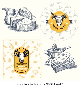 Cheese set - logo element, seamless pattern and sketch. Vector.