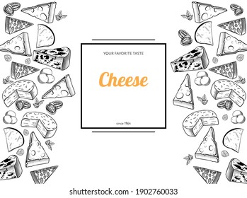 Juego de queso Ilustración vectorial monocroma Planilla de diseño para menú, paquete con cabeza y rodajas de diferentes quesos sobre fondo blanco