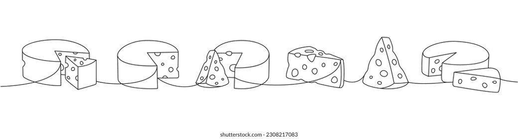 Cheese set one line continuous drawing. Different types of cheese continuous one line illustration. Vector minimalist linear illustration.