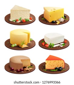 Cheese set. Cheese plate. Dairy produce. Vector illustrations.