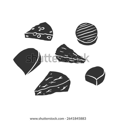 Cheese set silhouette vector illustration on isolated background. Ink sketch with cheesy doodle. Milky food elements, hand drawn illustration. Cheeses logo, dairy products, menu, farm. Pressed curds