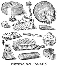 Cheese set. Slices of Mascarpone Bleu de Gex Edam Camembert Mozzarella for market or grocery store. Cheeseboard and Fresh organic milk. Vector Engraved hand drawn sketch for label, poster or menu.