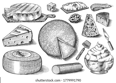 Cheese set. Slices of Mascarpone Bleu de Gex Edam Camembert Mozzarella for market or grocery store. Cheeseboard and Fresh organic milk. Vector Engraved hand drawn sketch for label, poster or menu.