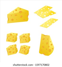 Cheese set in various slicing options. Vector illustration made in a realistic manner. Elements for your design.