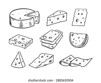 Cheese set vector illustration. Black and white colors. Engraving style. Isolated on white background.