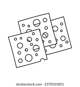 cheese set vector illustration isolated on white background, black and white colors, outline slices of swiss cheese