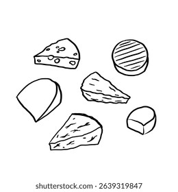 Cheese set vector illustration on isolated background. Ink sketch with cheesy doodle. Milky food elements, hand drawn illustration. Cheeses card background, dairy products, menu, farm. Pressed curds 