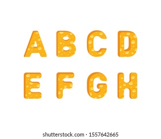 Cheese in the shape of letters in vector. Symbols isolated on white background. Yellow textured alphabet for text decoration. Vector illustration.