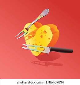 Cheese in the shape of a volumetric heart on a pleasant pink background with a fork and a cheese knife. Cheese dairy or restaurant concept. Poster, banner love for cheese. Menu design. Vector.