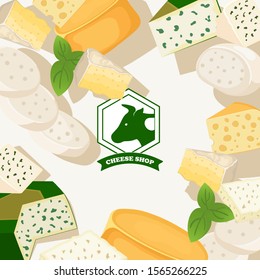 Cheese shop background, vector illustration. Assortment of different kinds of cheese, tasty natural dairy products, delicious blue cheese. Organic food store brochure or booklet cover, farm market