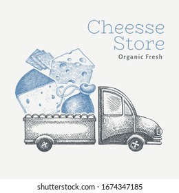 Plantilla del logotipo de entrega de queso. coche vector dibujado a mano con ilustración de queso. Diseño de comida retro de estilo grabado.