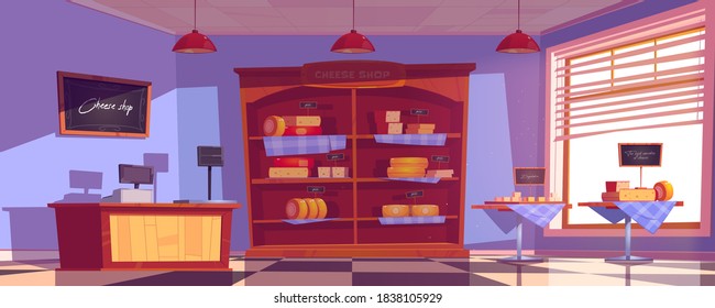 Cheese shop interior with cheddar and gouda slices on tables and shelves. Vector cartoon illustration of empty cheese store with cashbox and scales on counter. Dairy food market inside