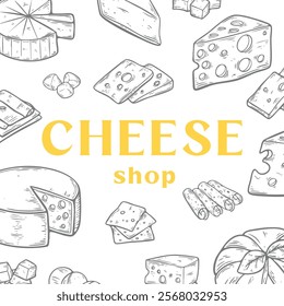 Cheese shop organic vector hand drawn template packaging food, label, banner, poster, identity, branding. Stylish design with sketch line art illustration of cheese. Local organic food shop.