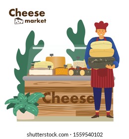 Cheese shop with seller at cheese market. Wooden trendy stall with different kind of cheese. Farm market. Cheese maker character. Flat hand drawn vector illustration.