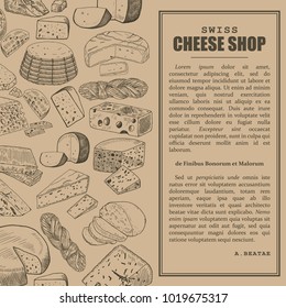 Cheese shop or store, vegetarian market or restaurant banner. Sketch of muenster and parmesan, gouda or mimolette, ragusano and string chechil or sulguni, emmental. Dairy and healthy nutrition theme