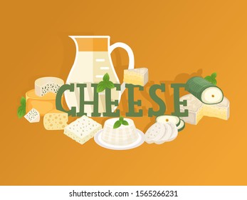 Cheese shop typographic vector illustration. Assortment of different kinds of cheese, jug of fresh milk, tasty natural dairy products. Organic food store brochure or booklet cover, farm market