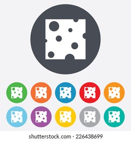 Cheese Sign Icon. Slice Of Cheese Symbol. Square Cheese With Holes. Round Colourful 11 Buttons. Vector