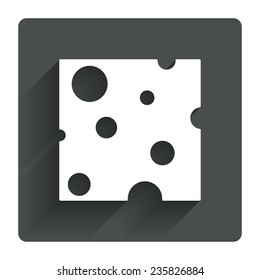Cheese sign icon. Slice of cheese symbol. Square cheese with holes. Gray flat square button with shadow. Modern UI website navigation. Vector