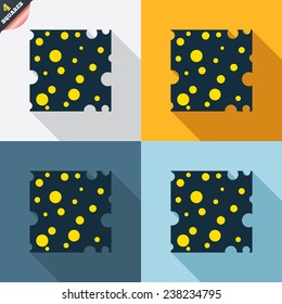 Cheese sign icon. Slice of cheese symbol. Square cheese with holes. Four squares. Colored Flat design buttons. Vector