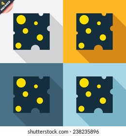 Cheese sign icon. Slice of cheese symbol. Square cheese with holes. Four squares. Colored Flat design buttons. Vector
