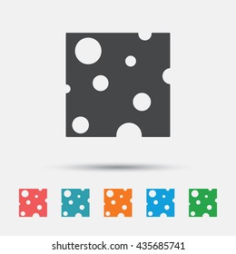 Cheese sign icon. Slice of cheese symbol. Square cheese with holes. Graphic element on white background. Colour clean flat cheese icons. Vector