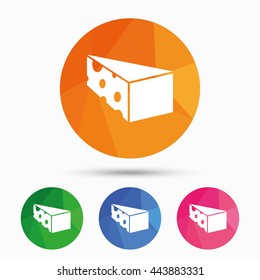 Cheese sign icon. Slice of cheese symbol. Triangle cheese with holes. Triangular low poly button with flat icon. Vector