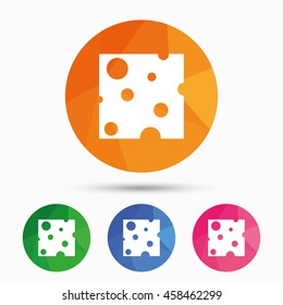 Cheese sign icon. Slice of cheese symbol. Square cheese with holes. Triangular low poly button with flat icon. Vector