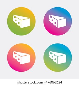 Cheese sign icon. Slice of cheese symbol. Triangle cheese with holes. Gradient flat buttons with icon. Modern design. Vector