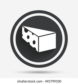 Cheese sign icon. Slice of cheese symbol. Triangle cheese with holes. Circle flat button with shadow and border. Vector