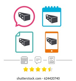 Cheese sign icon. Slice of cheese symbol. Triangle cheese with holes. Calendar, chat speech bubble and report linear icons. Star vote ranking. Vector