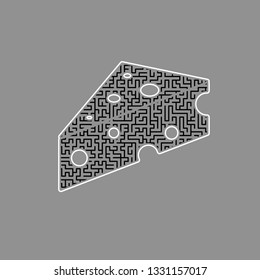 Cheese sign. Vector. Black maze filled icon with white border at gray background.