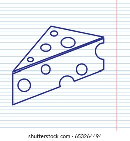 Cheese sign. Vector. Navy line icon on notebook paper as background with red line for field.