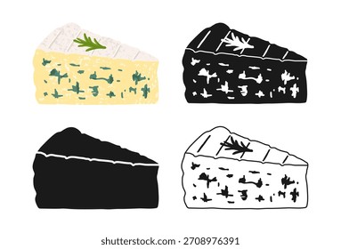 Conjunto de símbolos estilizados simples do queijo. Ilustração suja de comida francesa ou italiana. Um pedaço de queijo ícone de doodle linear. Diversão de vetor granulado colorido desenhado à mão para projetos de alimentos ou laticínios