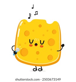 Cheese sings into a microphone character. Vector hand drawn cartoon kawaii character illustration icon. Isolated on white background. Cheese character concept