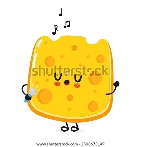 Cheese sings into a microphone character. Vector hand drawn cartoon kawaii character illustration icon. Isolated on white background. Cheese character concept