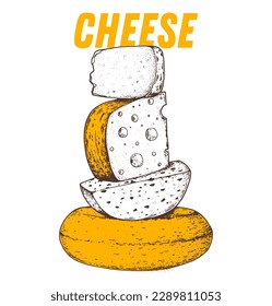 Cheese sketch, hand drawn illustration. Food design template. Vector illustration with collection of cheese. Engraved style image. Dairy farm products cheese.