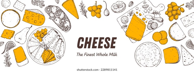 Cheese sketch, hand drawn illustration, top view frame. Food design template. Package pattern. Vector illustration with collection of cheese. Engraved style image. Dairy farm products cheese.