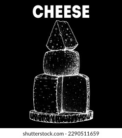 Cheese sketch, hand drawn illustration. Food design template. Vector illustration with collection of cheese. Engraved style image. Dairy farm products cheese.
