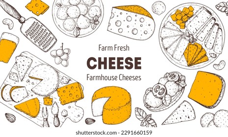 Cheese sketch, hand drawn illustration, top view frame. Food design template. Package pattern. Vector illustration with collection of cheese. Engraved style image. Dairy farm products cheese.