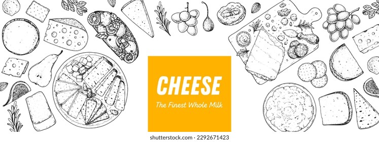 Cheese sketch, hand drawn illustration, top view frame. Food design template. Package pattern. Vector illustration with collection of cheese. Engraved style image. Dairy farm products cheese.