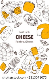 Cheese sketch, hand drawn illustration, top view frame. Food design template. Package pattern. Vector illustration with collection of cheese. Engraved style image. Dairy farm products cheese.