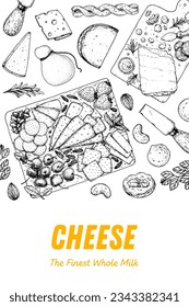 Cheese sketch, hand drawn illustration, top view frame. Food design template. Package pattern. Vector illustration with collection of cheese. Engraved style image. Dairy farm products cheese