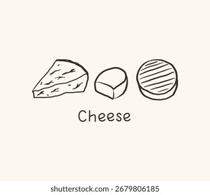 Logotipo del bosquejo del queso. Plantilla de diseño para la etiqueta, signo, envoltura. Ilustración vectorial dibujada a mano. Fondo de tarjeta de quesos para texto, productos lácteos, menú, granja. Alimentos elaborados con leche de cuajada prensada