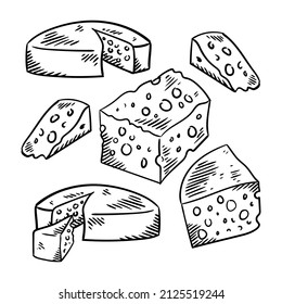 Cheese sketch set. Cheese slice and slice doodle vector collection