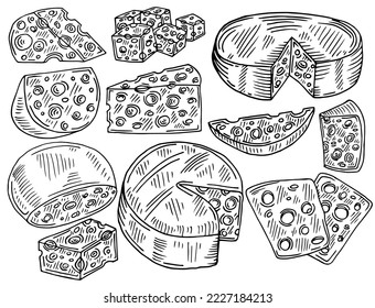 Cheese sketch set. Vector doodle collection of cheese pieces and slices