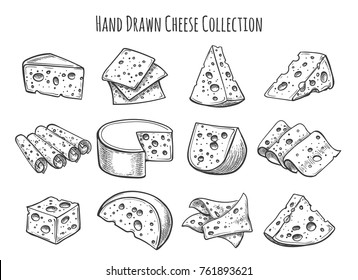 Cheese sketch set. Vector doodle collection of cheese pieces and slices