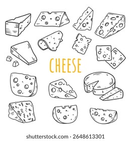 Cheese in sketch style, black and white illustration. Slice of cheese isolated on white. Different types of cheese. Food Vector illustration 