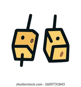 Cheese skewer icon, cartoon style, cube pieces with small holes.